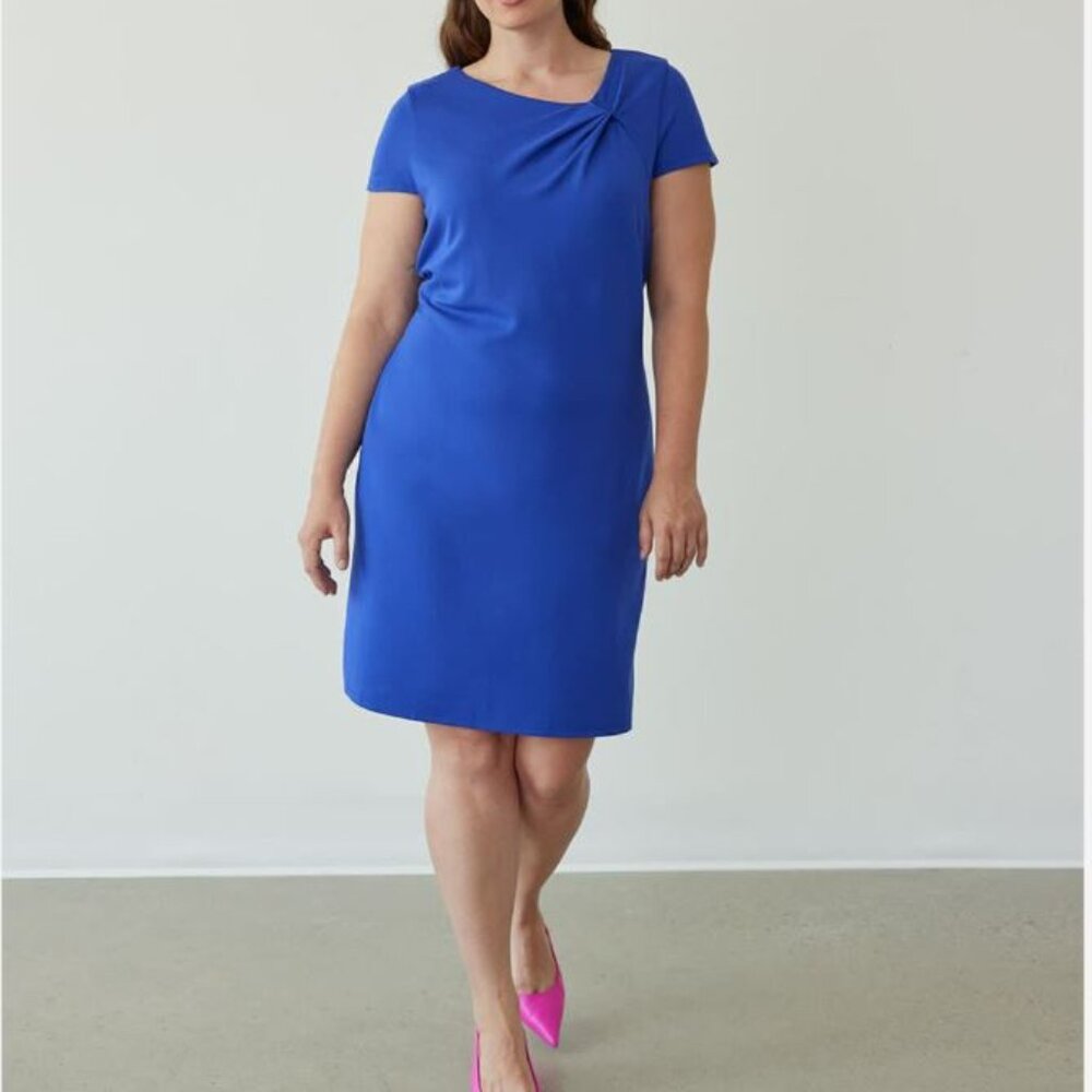 NWT Reitmans Clematis Blue Asymmetrical Neckline Short Sleeve Shift Midi Dress L